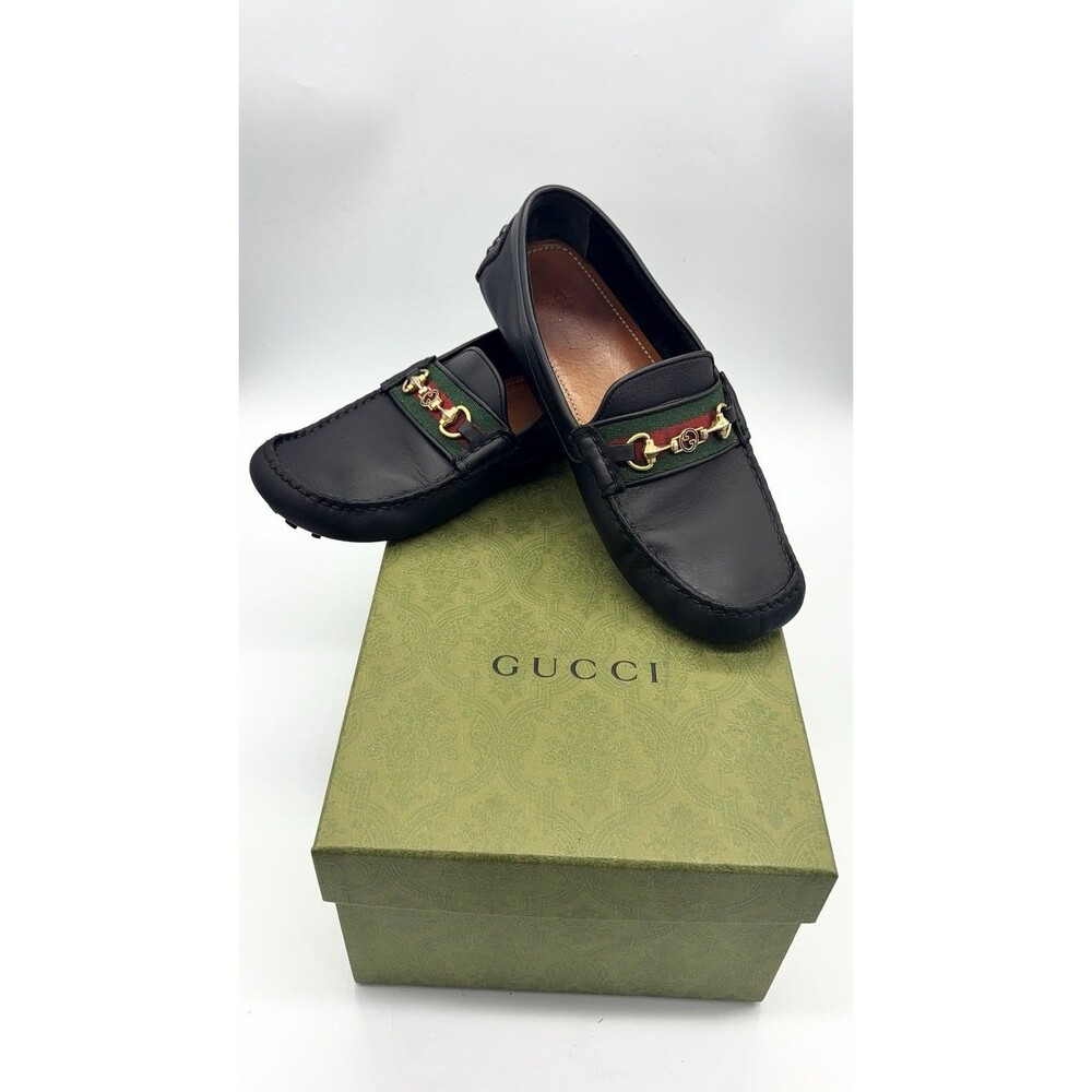 GUCCI Driver Men's Black Leather Horsebit With Web Loafers New UK 7 US 7.5 - Picture 1 of 16